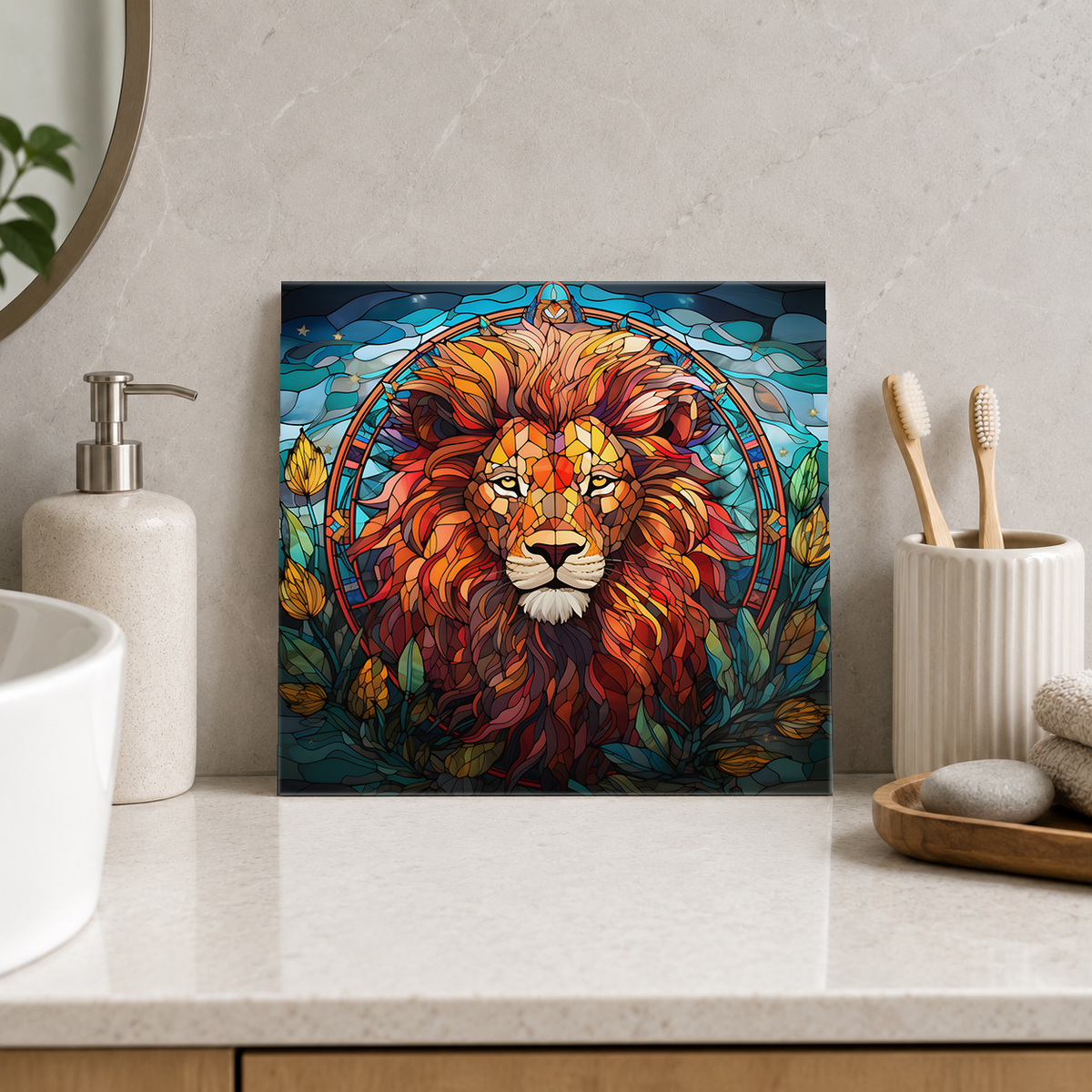 Golden Lion in Floral Circle Tile displayed in the bathroom tile mock-up