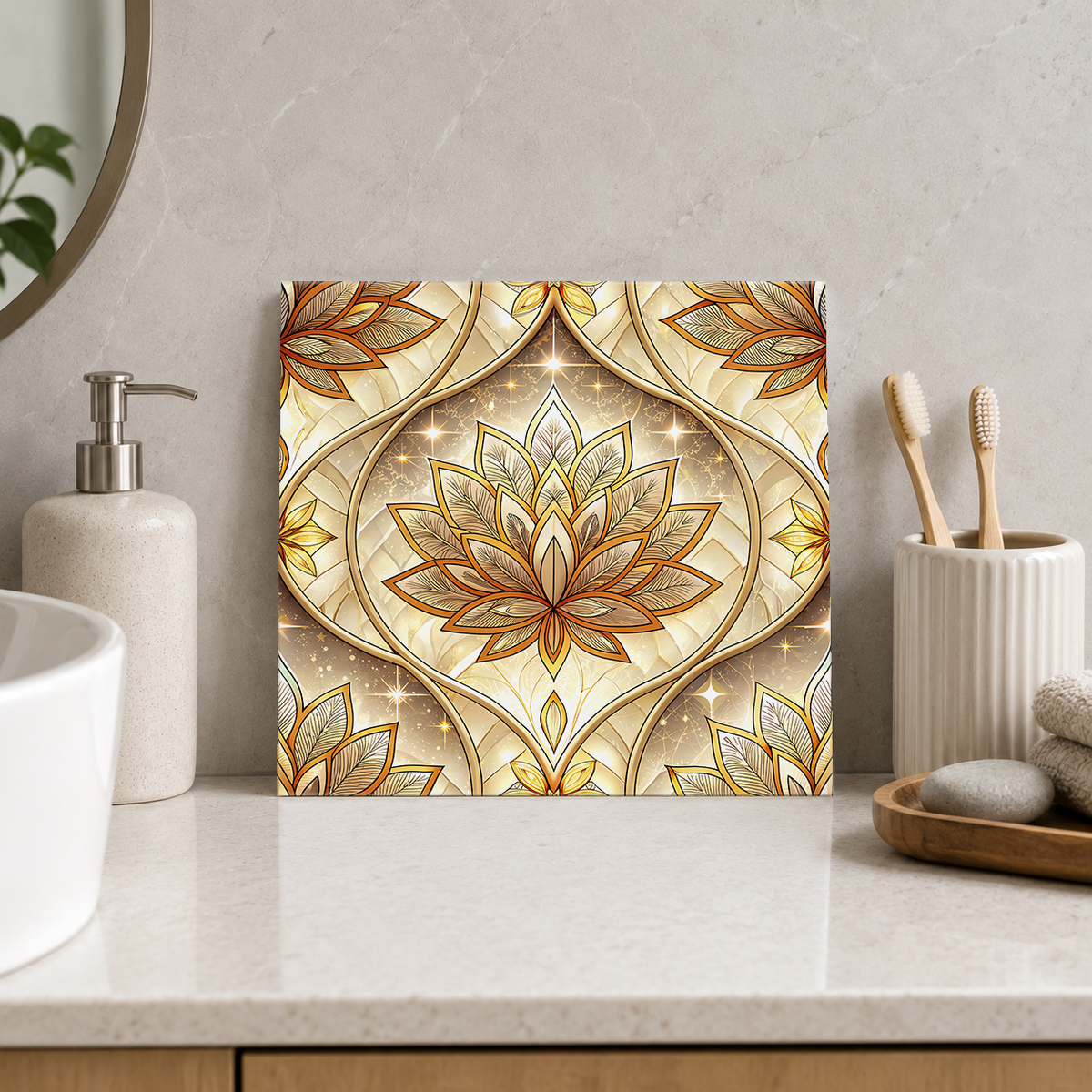 Golden Lotus Lantern Tile displayed in the bathroom tile mock-up