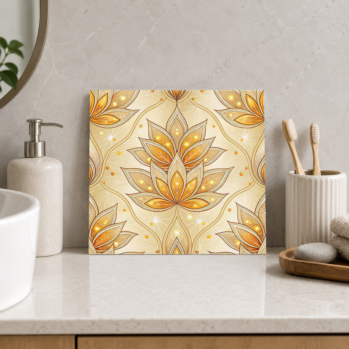 Golden Lotus Sprigs Tile displayed in the bathroom tile mock-up
