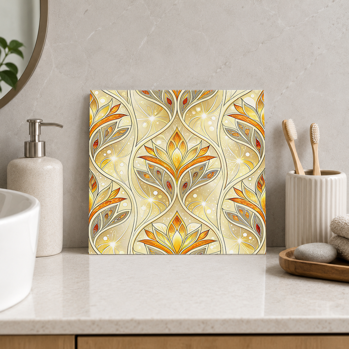 Golden Lotus Waves Tile displayed in the bathroom tile mock-up