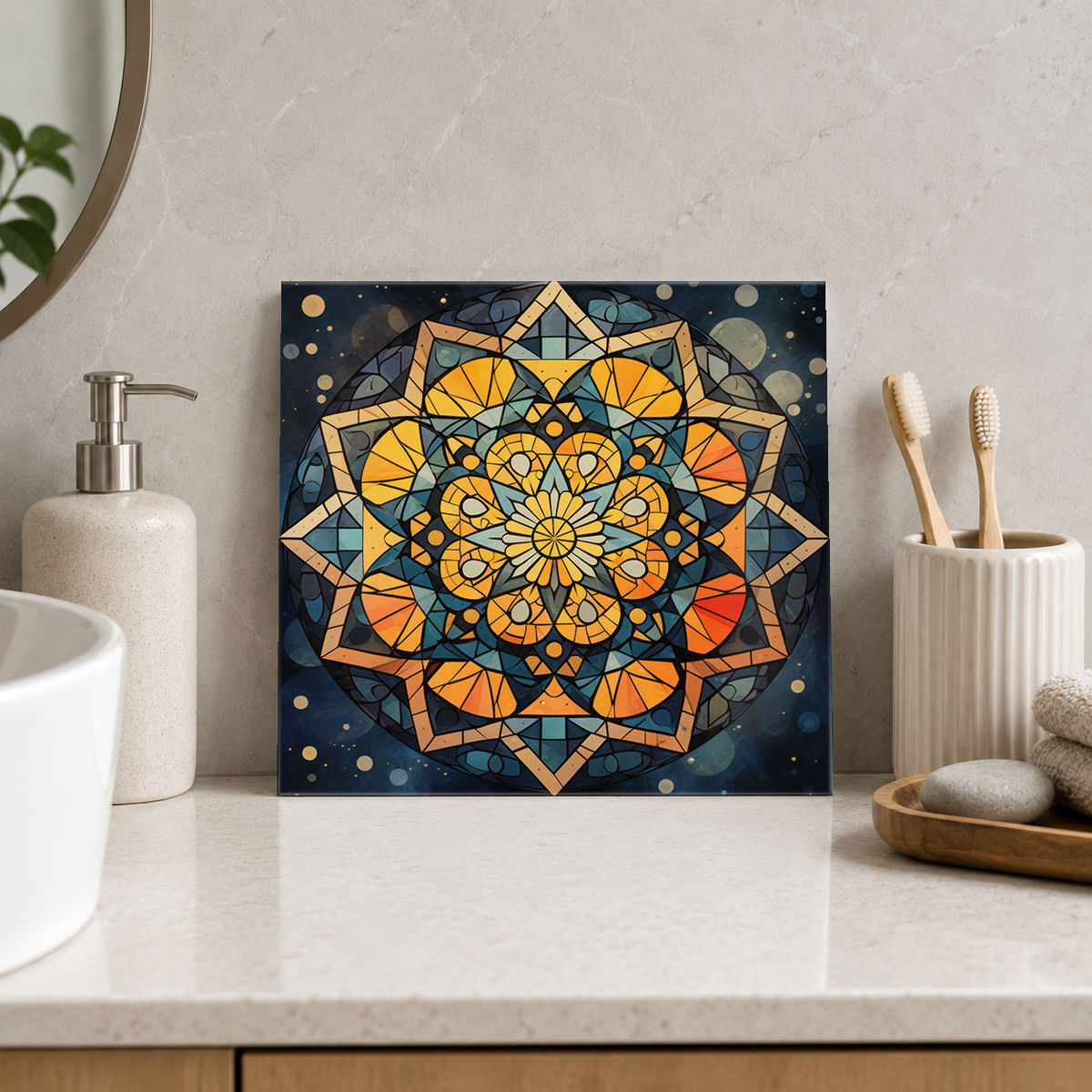 Golden Mandala on Midnight Blue Tile displayed in the bathroom tile mock-up