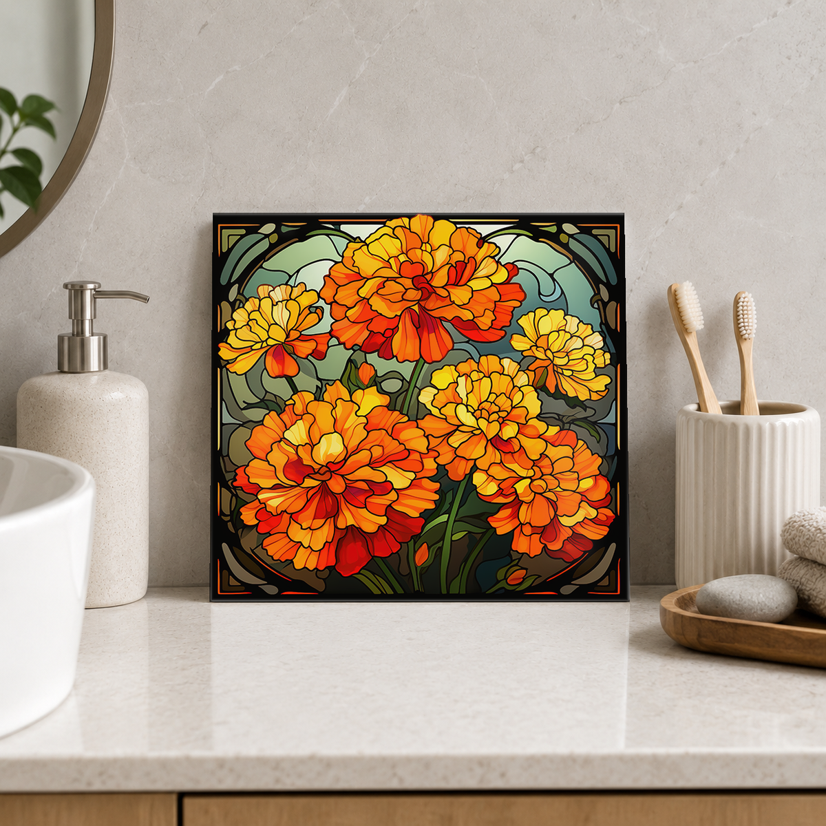 Golden Marigold Bouquet Tile displayed in the bathroom tile mock-up
