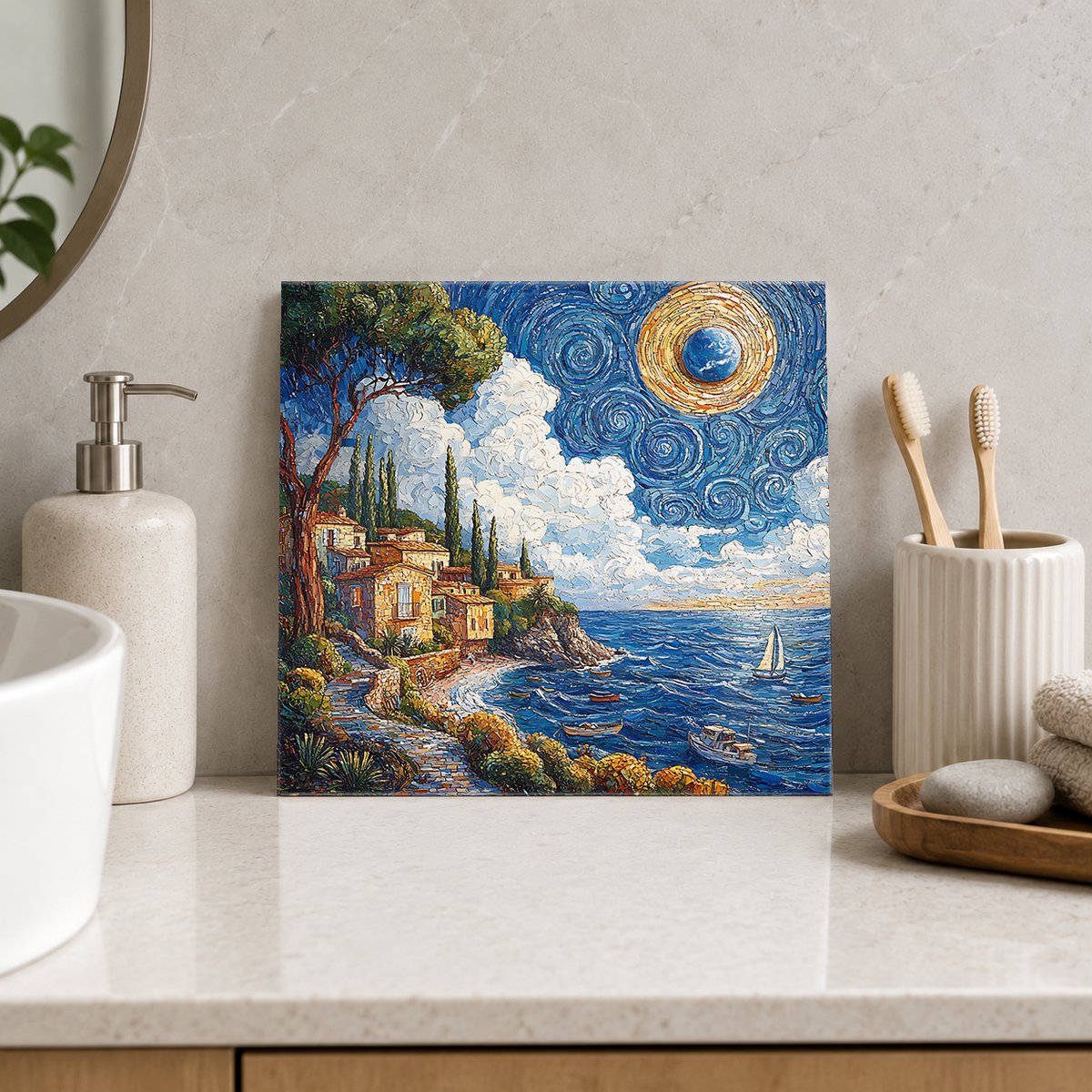 Golden Moon over Cliffside Village Tile displayed in the bathroom tile mock-up