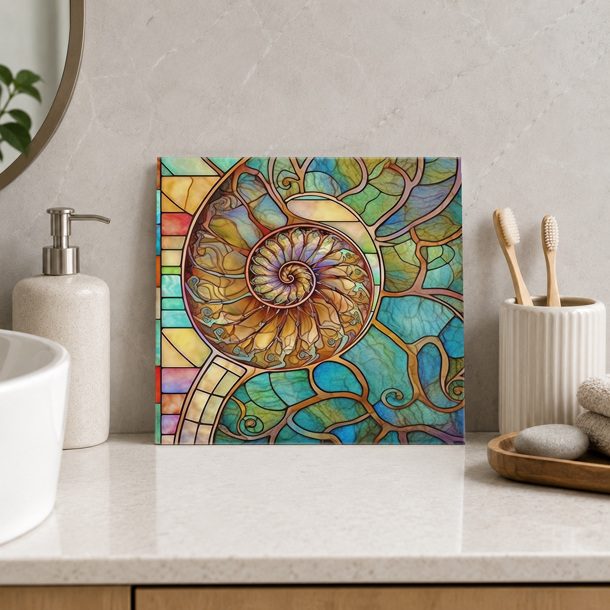 Golden Nautilus on Seafoam Tile displayed in the bathroom tile mock-up