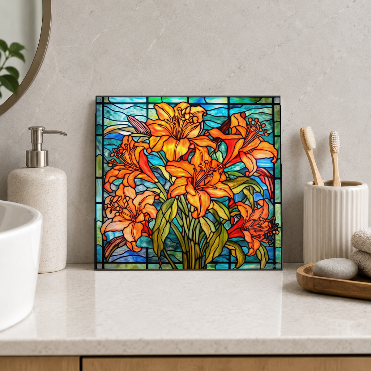 Golden Orange Lilies in Blue Garden Tile displayed in the bathroom tile mock-up