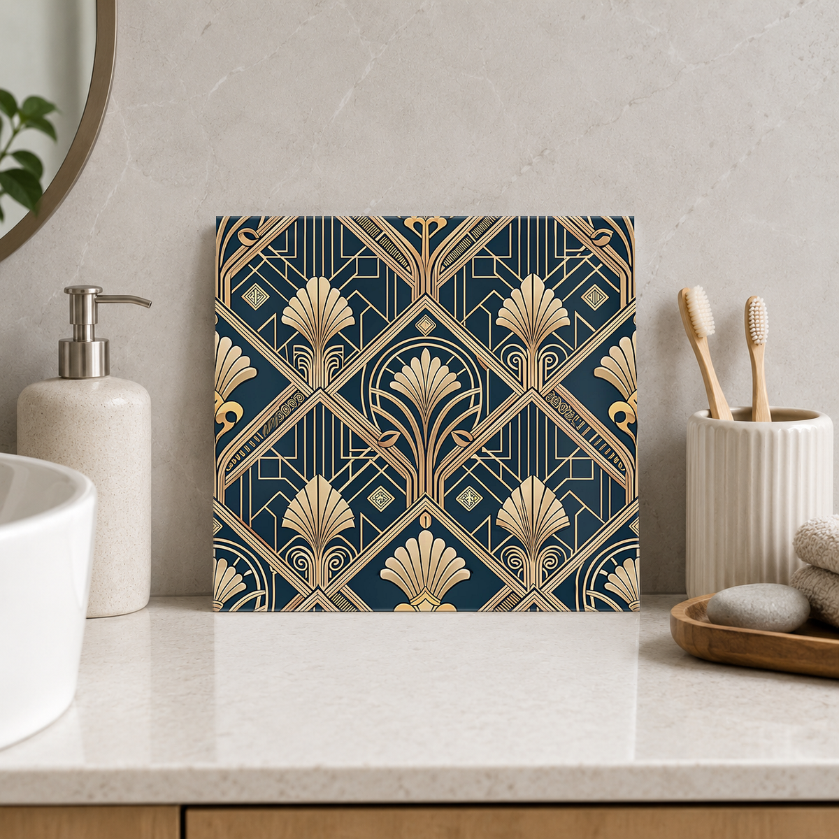 Golden Palmette Diamond Trellis Tile displayed in the bathroom tile mock-up