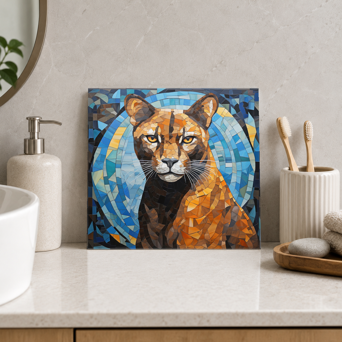 Golden Panther in Blue Halo Tile displayed in the bathroom tile mock-up