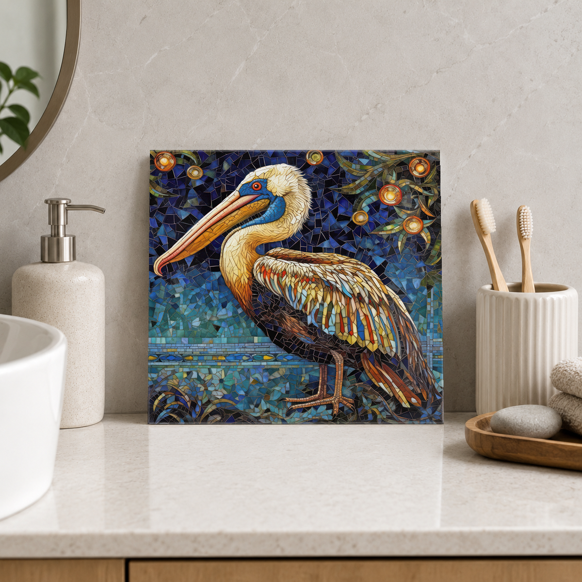 Golden Pelican by Water Tile displayed in the bathroom tile mock-up