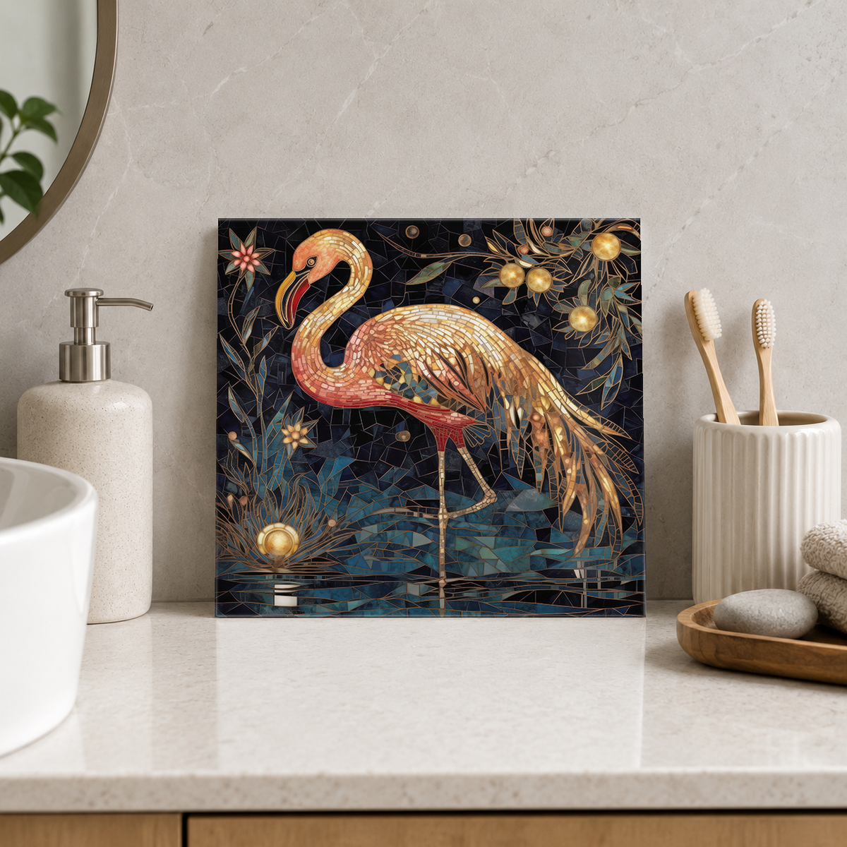 Golden Pink Flamingo Tile displayed in the bathroom tile mock-up