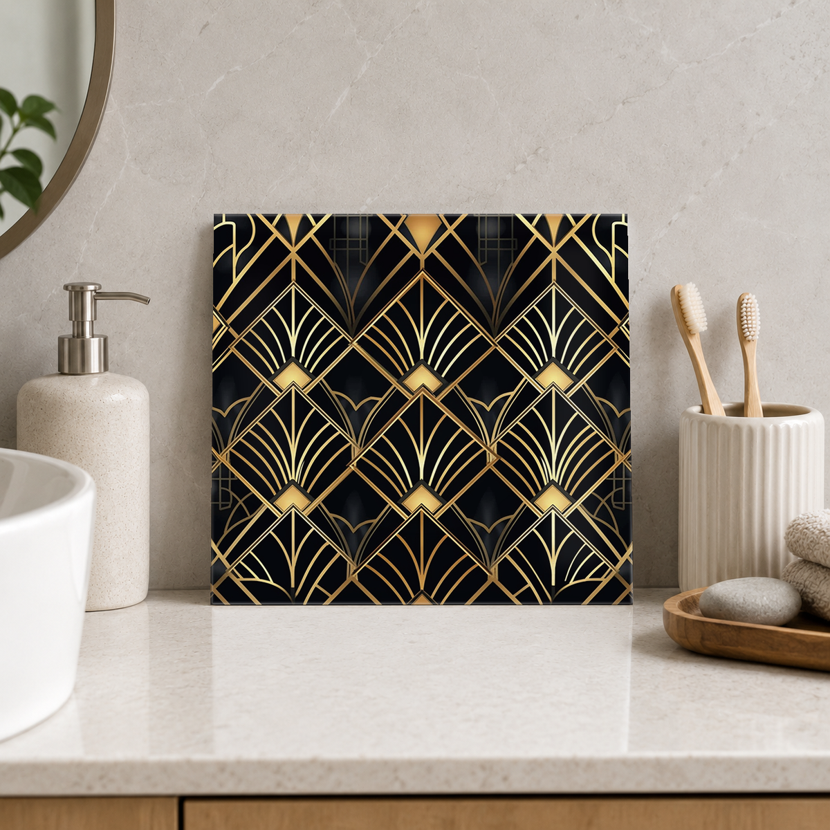 Golden Pointed Fans on Black Tile displayed in the bathroom tile mock-up