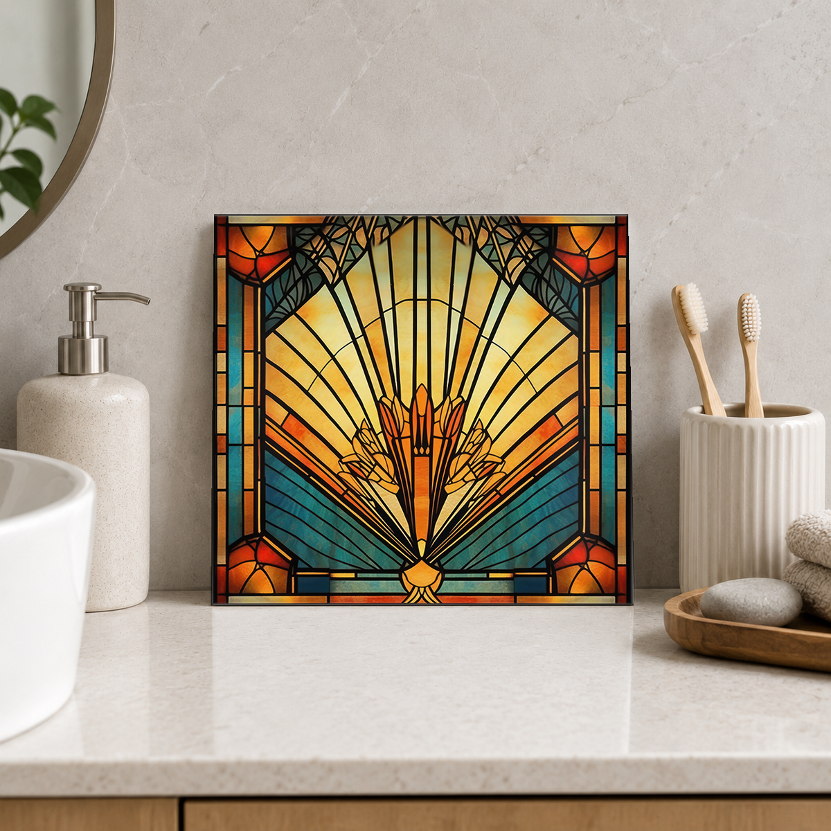 Golden Radiant Fan Tile displayed in the bathroom tile mock-up