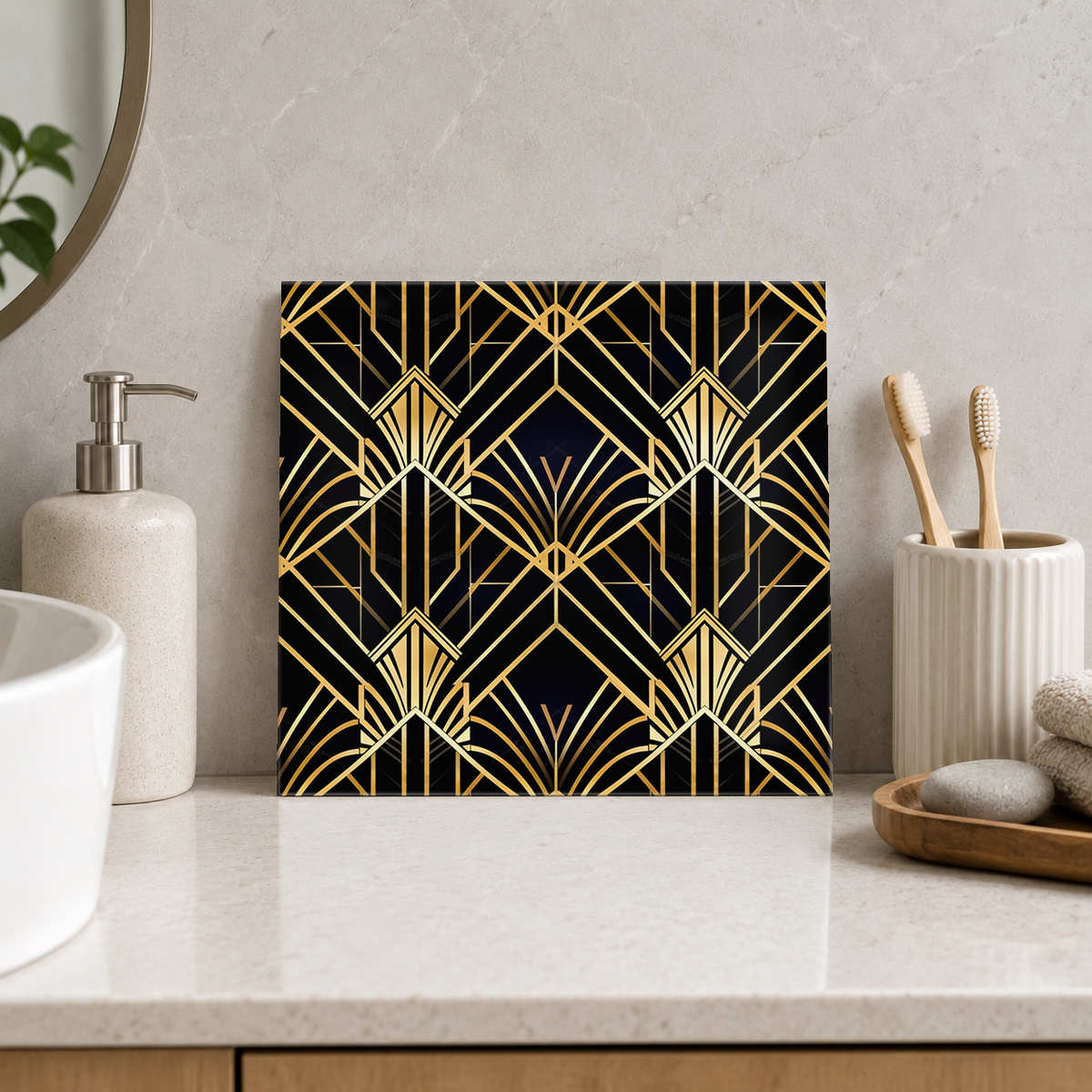 Golden Radiating Diamond Web Tile displayed in the bathroom tile mock-up