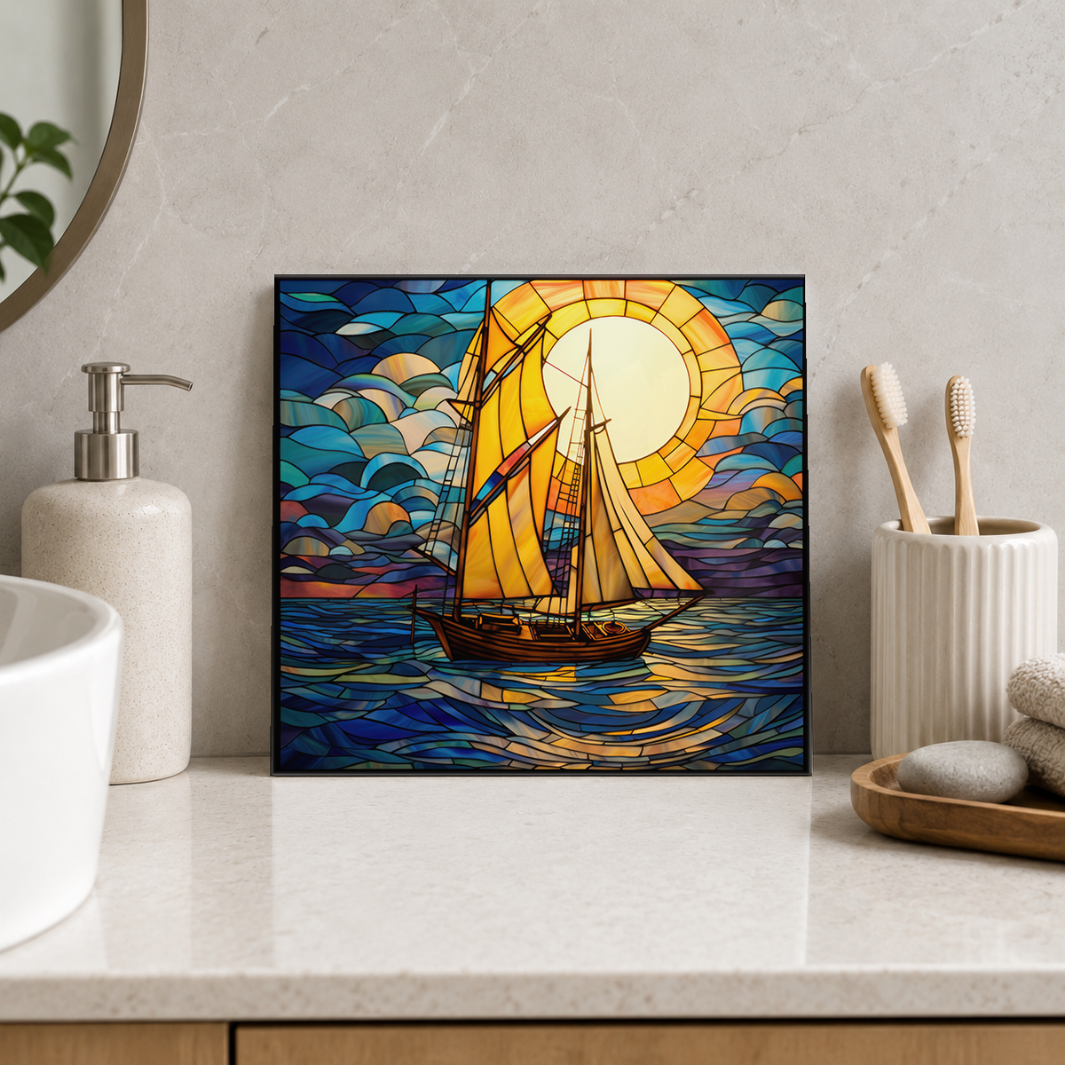Golden Sailboat and Sun Reflection Tile displayed in the bathroom tile mock-up
