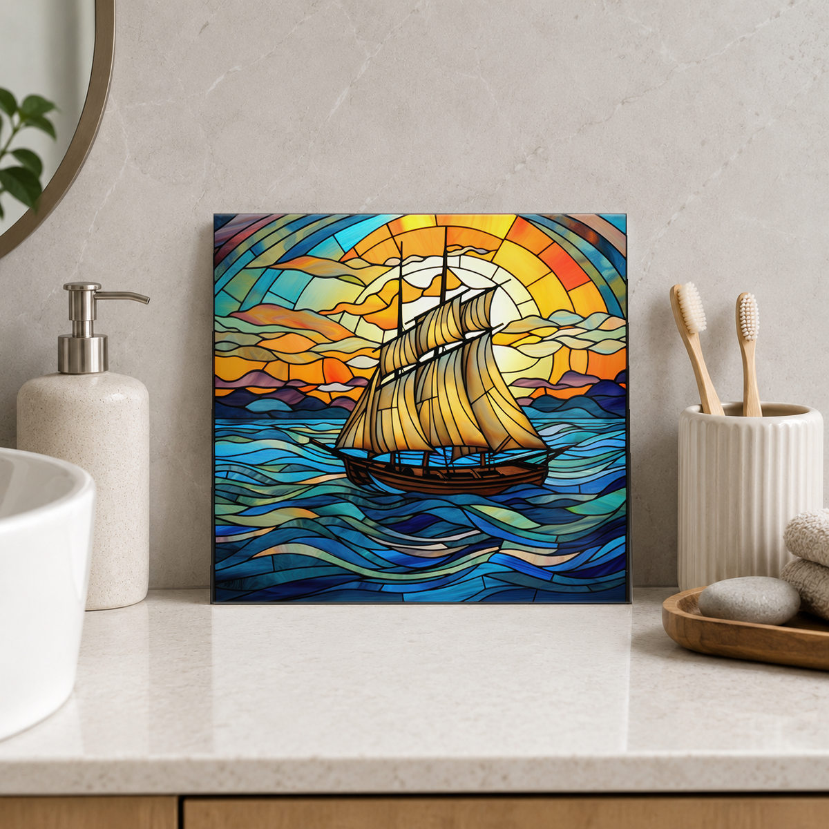 Golden Sailing Ship beneath Sun Arch Tile displayed in the bathroom tile mock-up