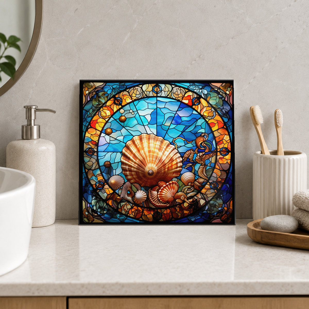 Golden Scallop in Ocean Wreath Tile displayed in the bathroom tile mock-up