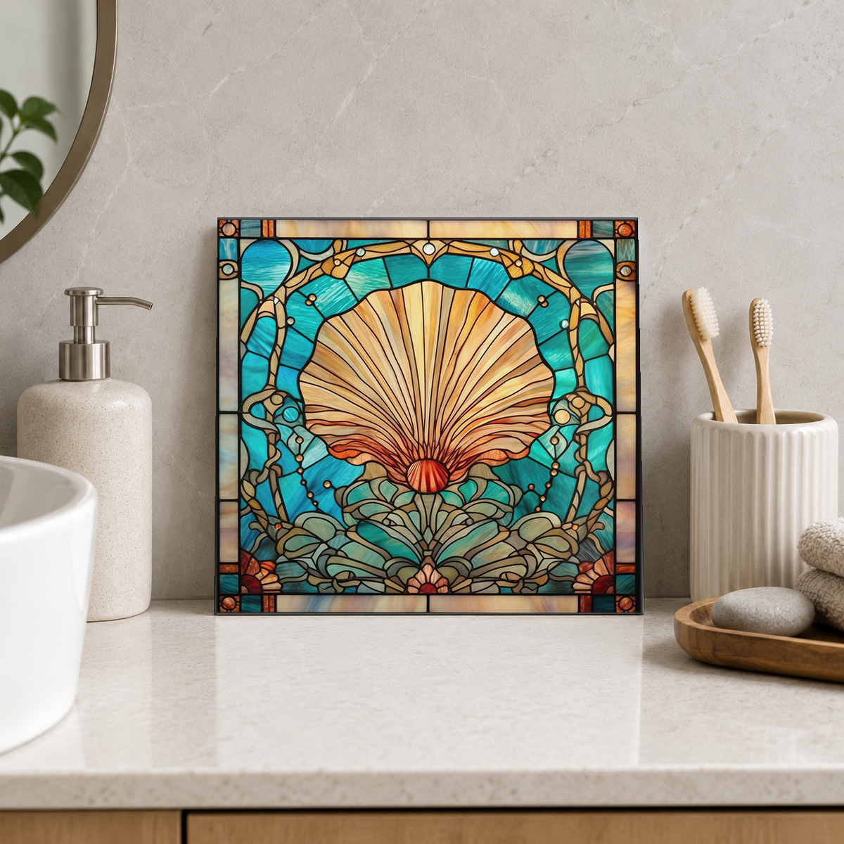 Golden Scallop in Ornate Aqua Frame Tile displayed in the bathroom tile mock-up