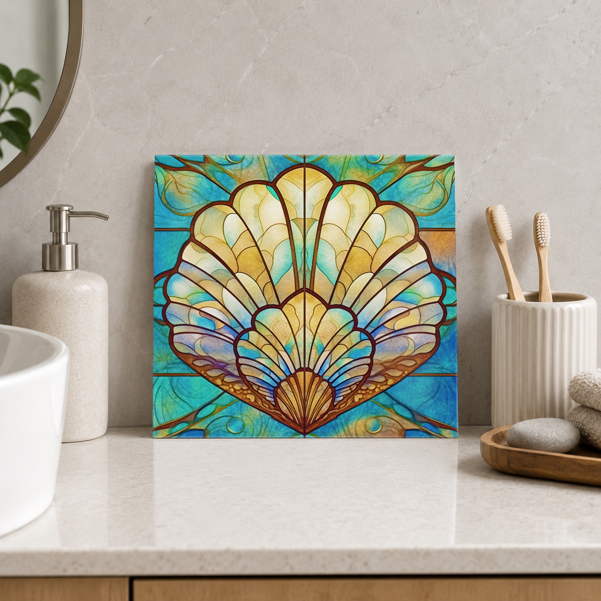 Golden Scallop Shell on Aqua Tile displayed in the bathroom tile mock-up
