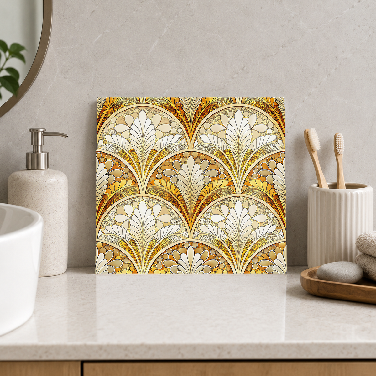 Golden Scalloped Blossoms Tile displayed in the bathroom tile mock-up