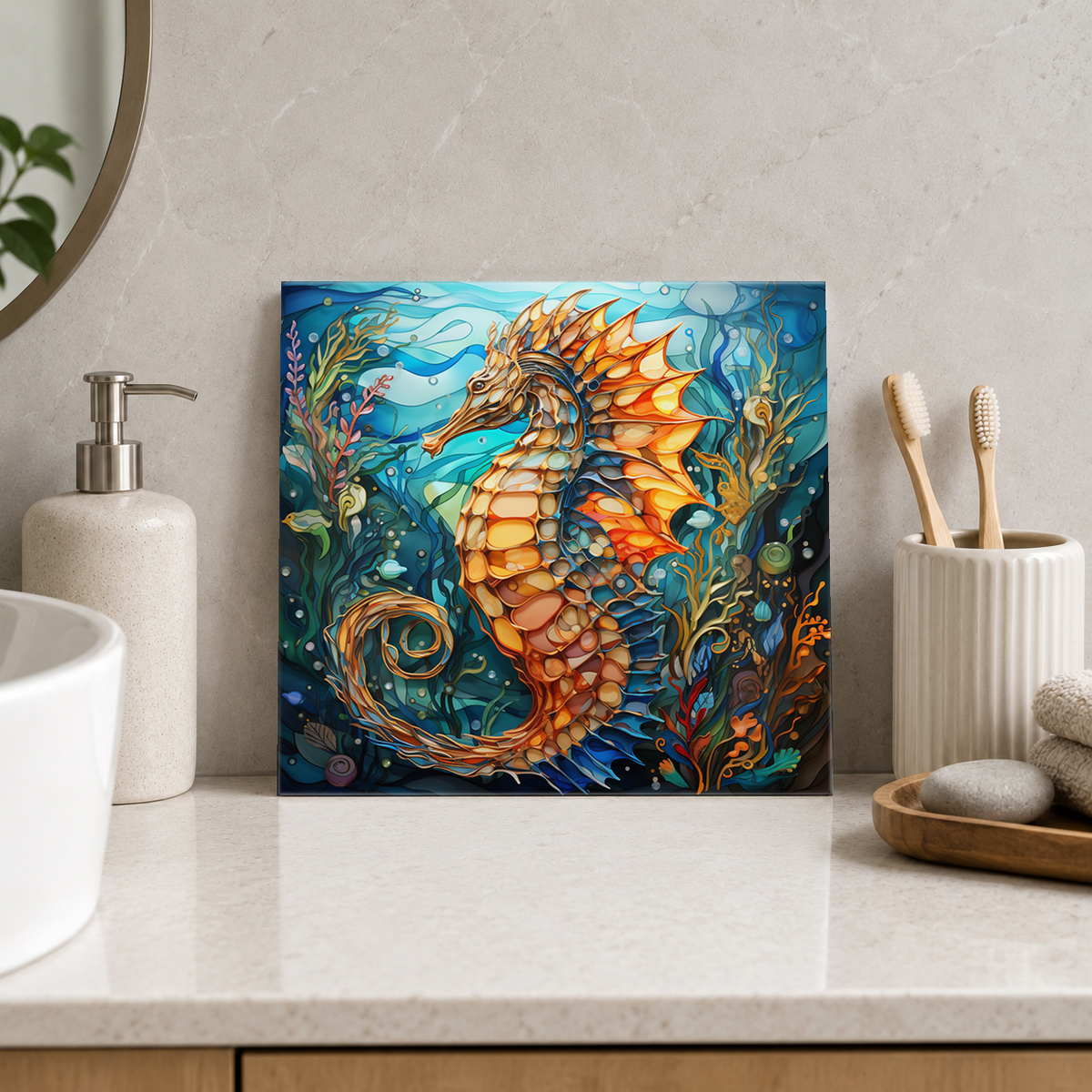 Golden Seahorse Tile displayed in the bathroom tile mock-up