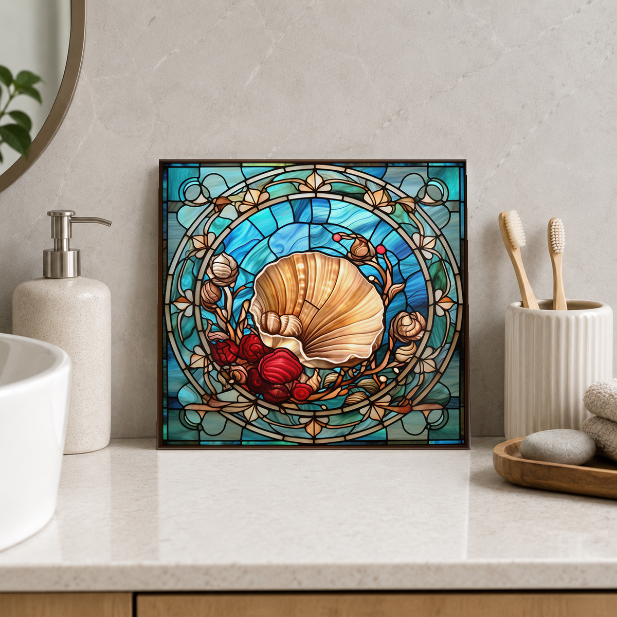 Golden Shell and Red Coral Wreath Tile displayed in the bathroom tile mock-up
