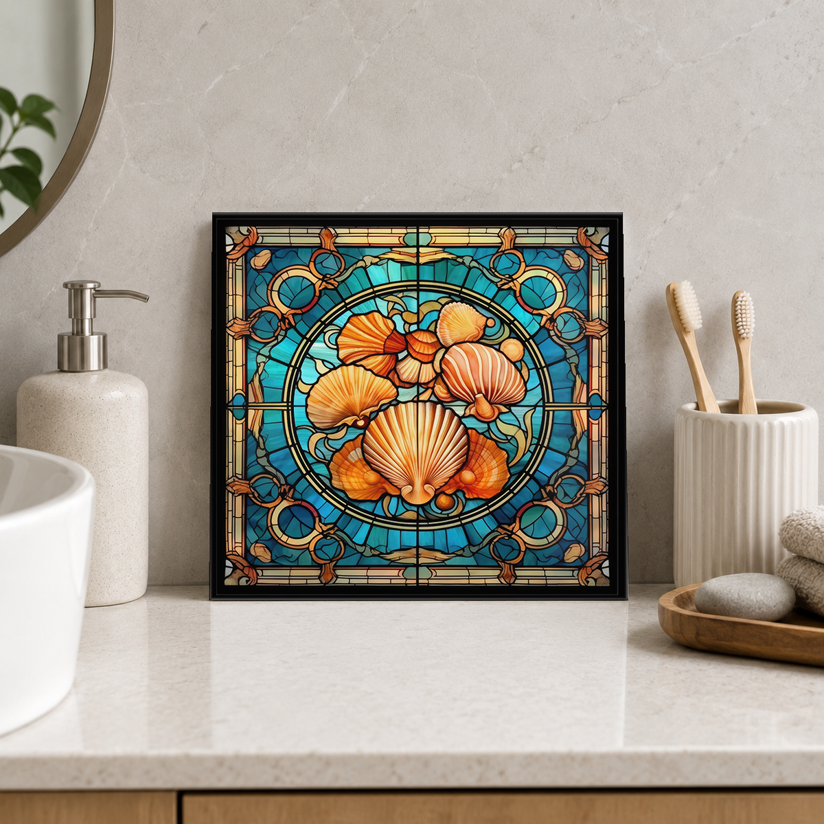 Golden Shell Collection Medallion Tile displayed in the bathroom tile mock-up