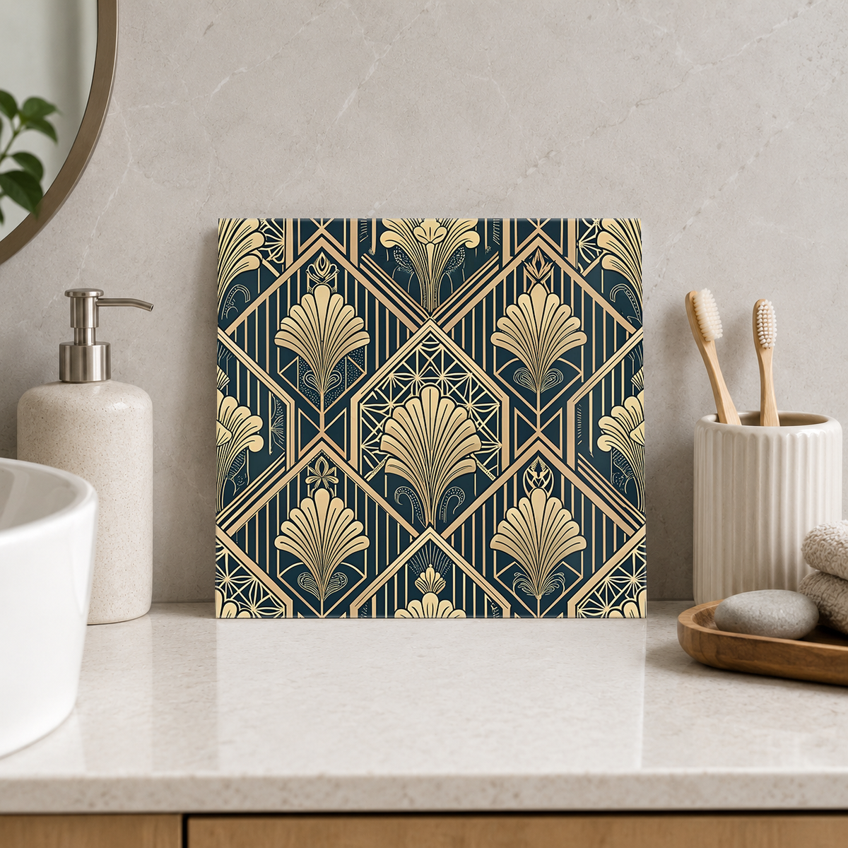 Golden Shell Diamond Patchwork Tile displayed in the bathroom tile mock-up