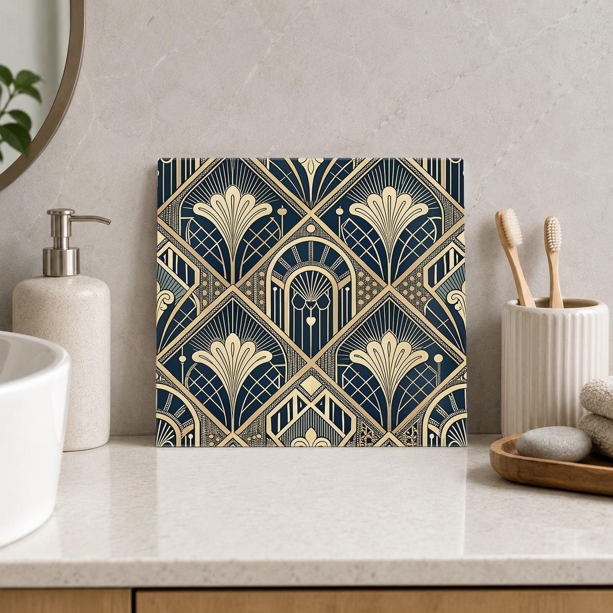 Golden Shells and Pendant Diamonds Tile displayed in the bathroom tile mock-up