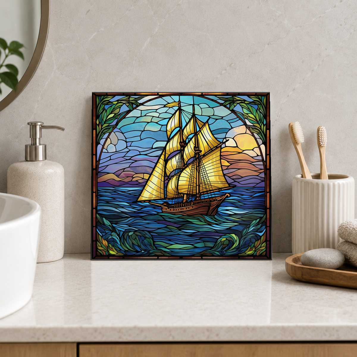 Golden Ship in Leafy Frame Tile displayed in the bathroom tile mock-up