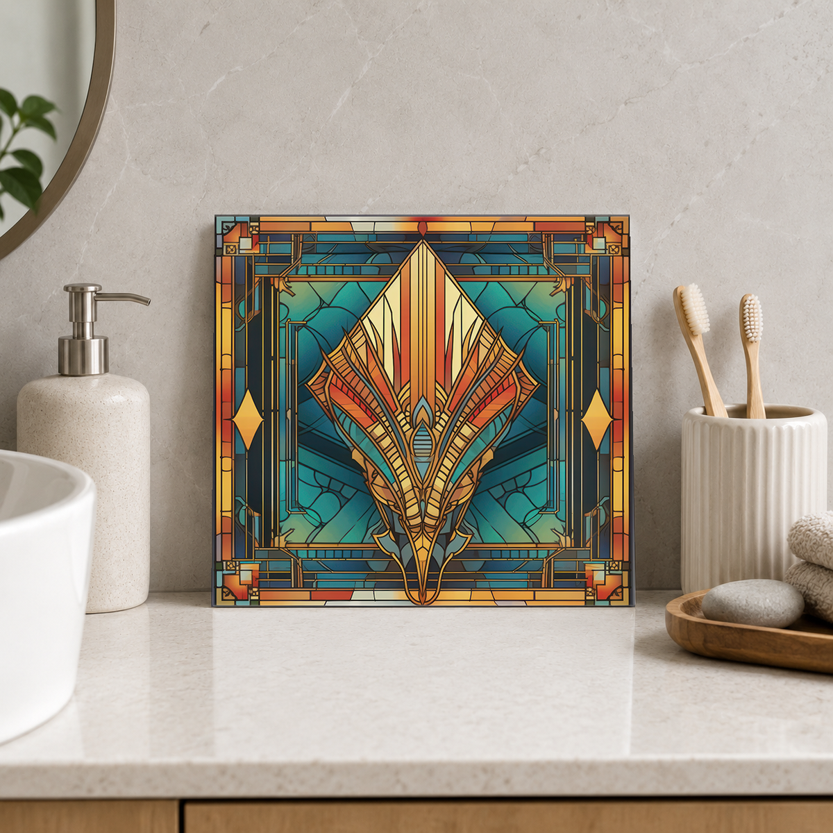 Golden Spear on Teal Tile displayed in the bathroom tile mock-up
