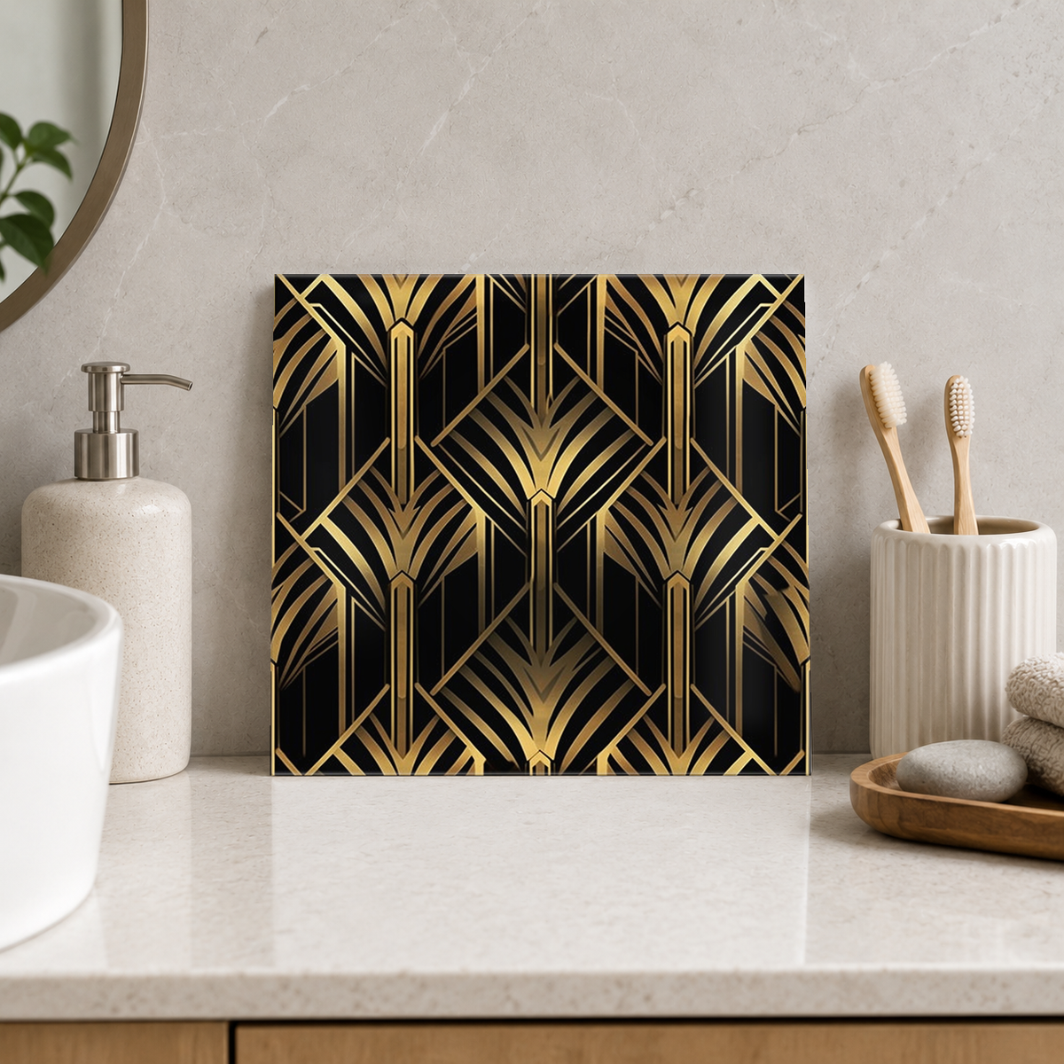 Golden Spearhead Columns Tile displayed in the bathroom tile mock-up