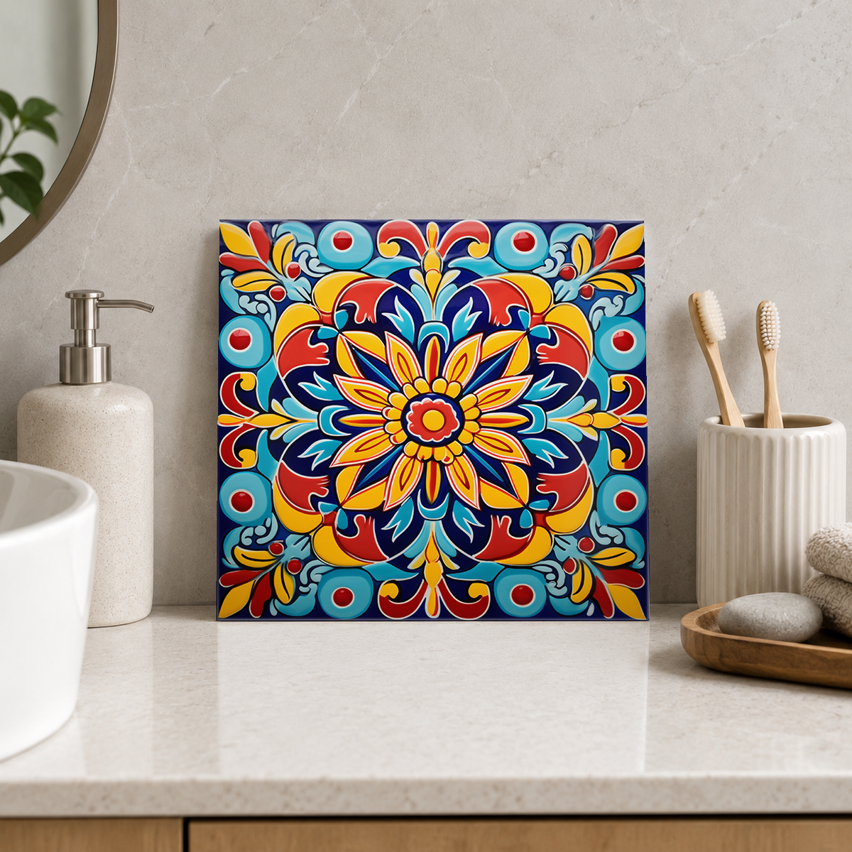 Golden Starflower on Red and Blue Tile displayed in the bathroom tile mock-up