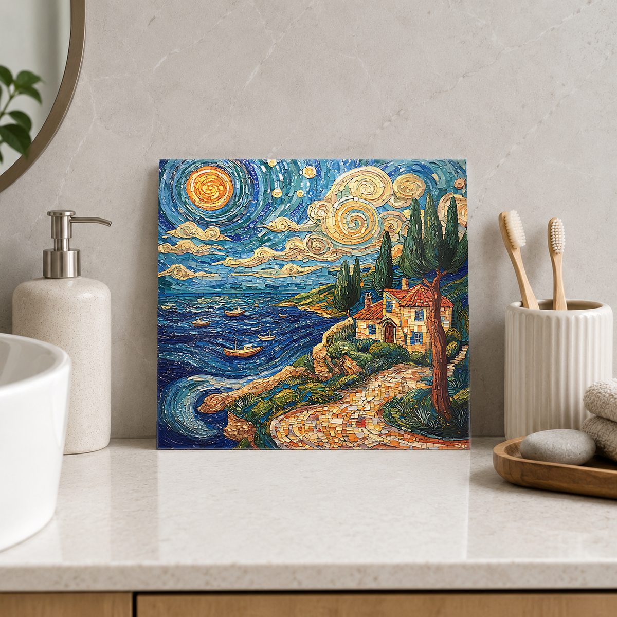 Golden Starry Coast and Winding Path Tile displayed in the bathroom tile mock-up