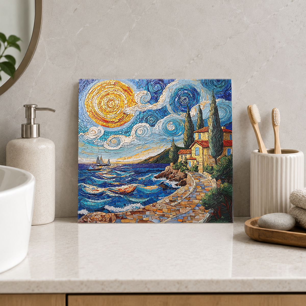 Golden Sun over Harbour Path Tile displayed in the bathroom tile mock-up
