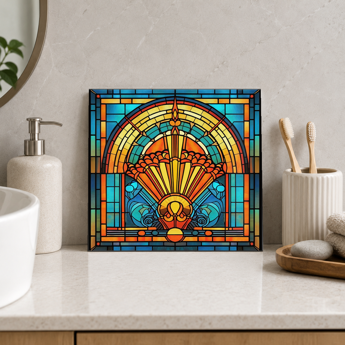 Golden Sunburst Window Tile displayed in the bathroom tile mock-up