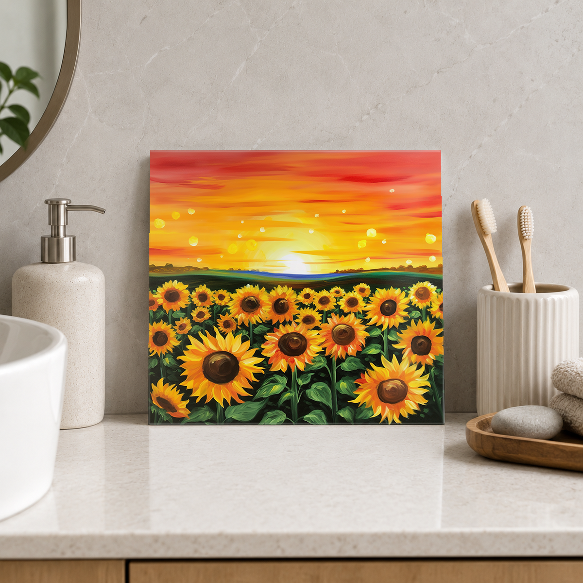 Golden Sunflower Field at Sunset Tile displayed in the bathroom tile mock-up