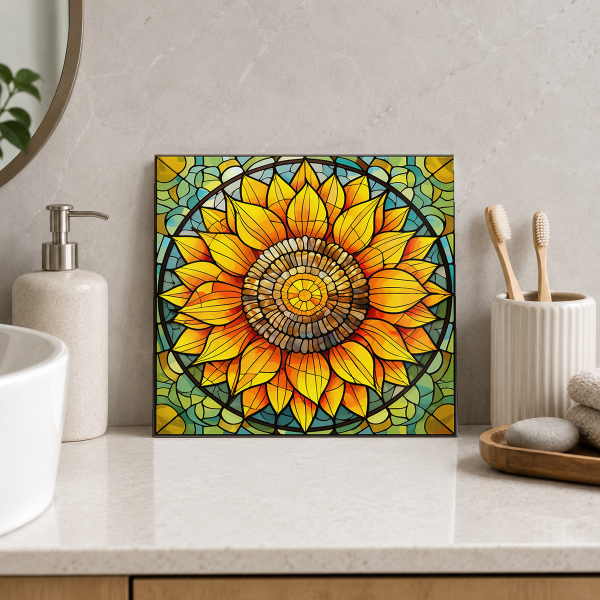 Golden Sunflower Medallion Tile displayed in the bathroom tile mock-up