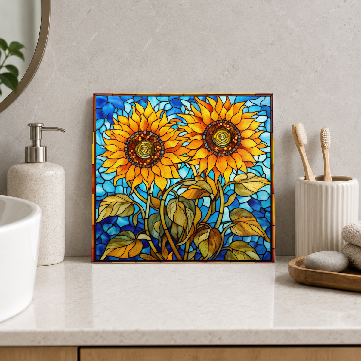 Golden Sunflower Pair Tile displayed in the bathroom tile mock-up
