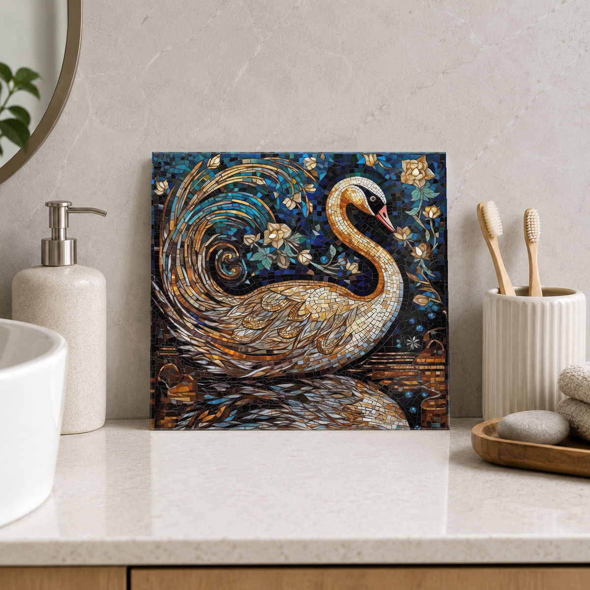 Golden Swan on Dark Water Tile displayed in the bathroom tile mock-up