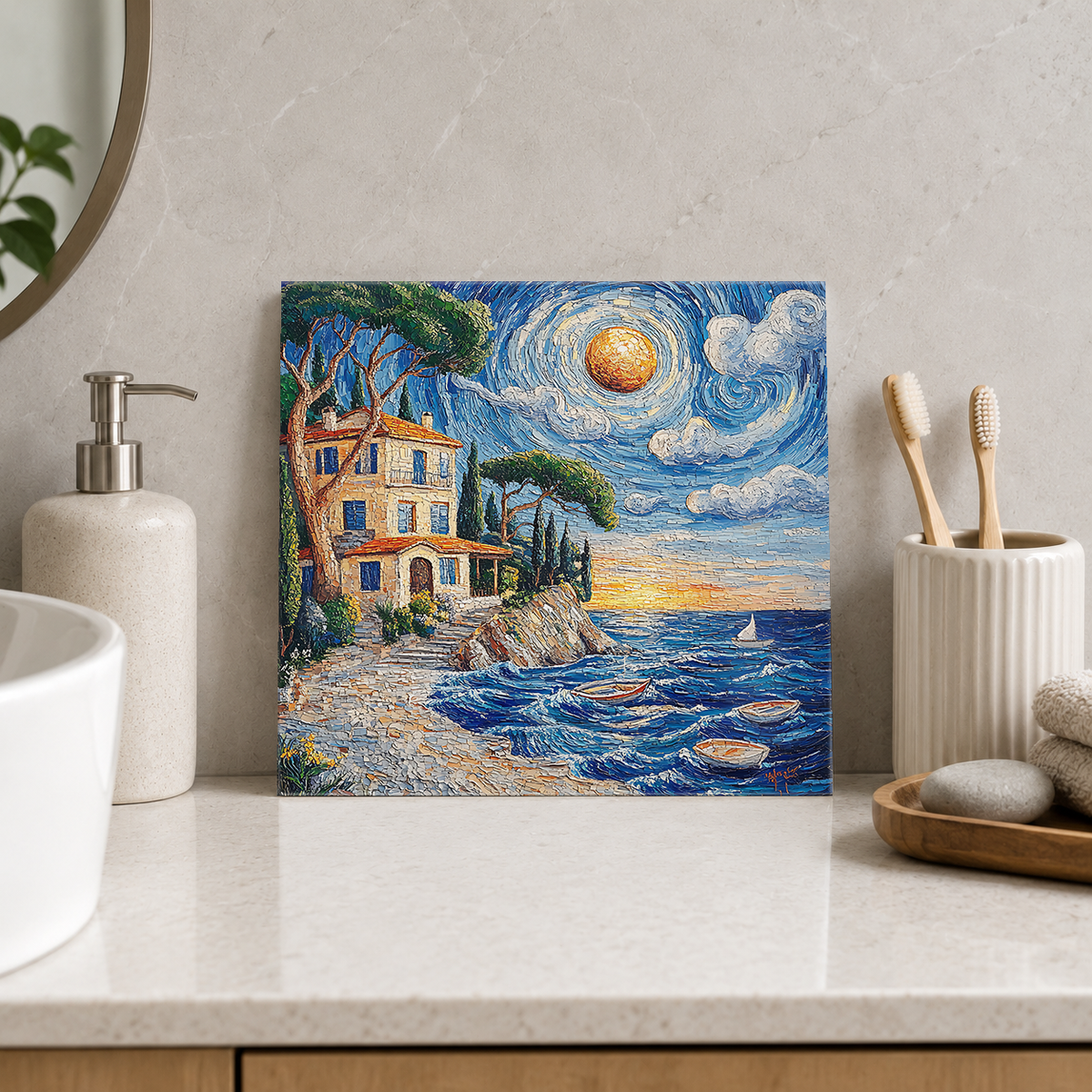 Golden Villa and Blue Boats Tile displayed in the bathroom tile mock-up