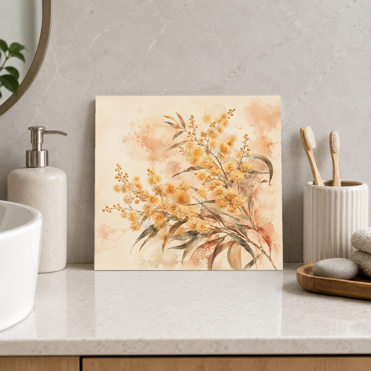 Golden Wattle ceramic decorative tile in Warm Country, shown in a room mockup