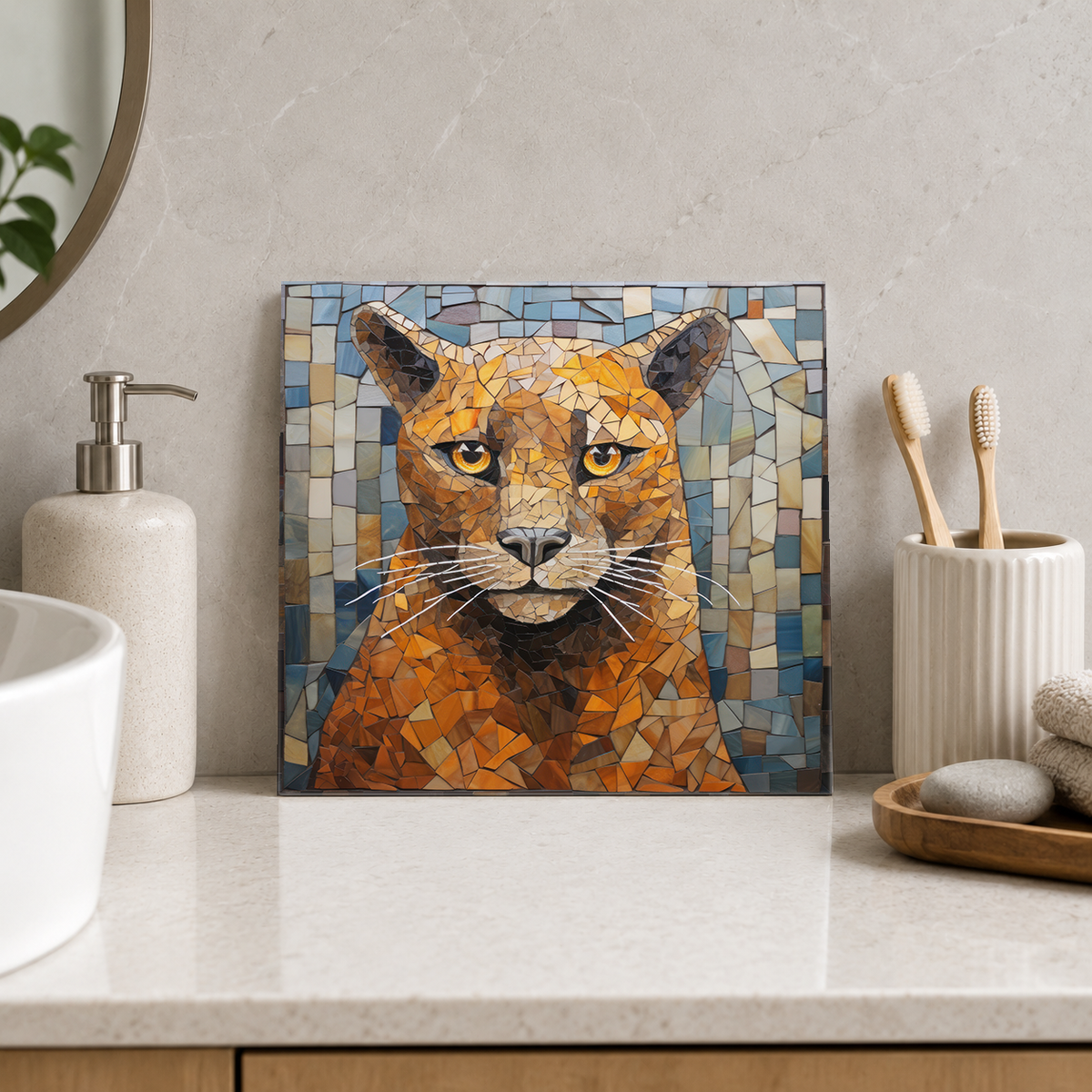 Golden Wild Cat Portrait Tile displayed in the bathroom tile mock-up