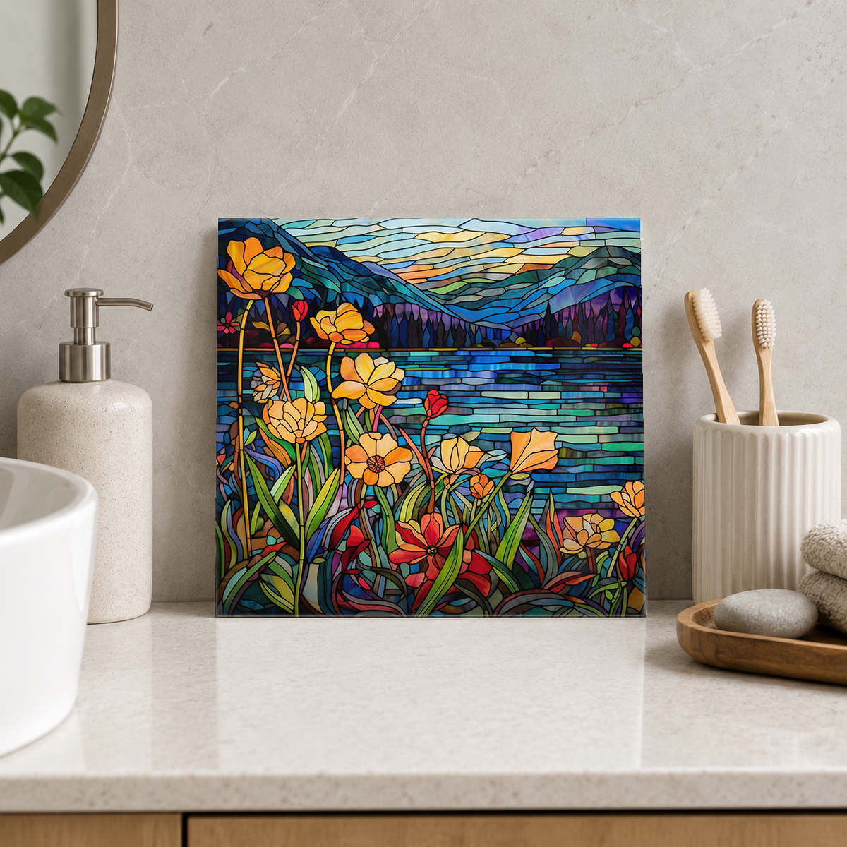 Golden Wildflowers beside Mountain Lake Tile displayed in the bathroom tile mock-up