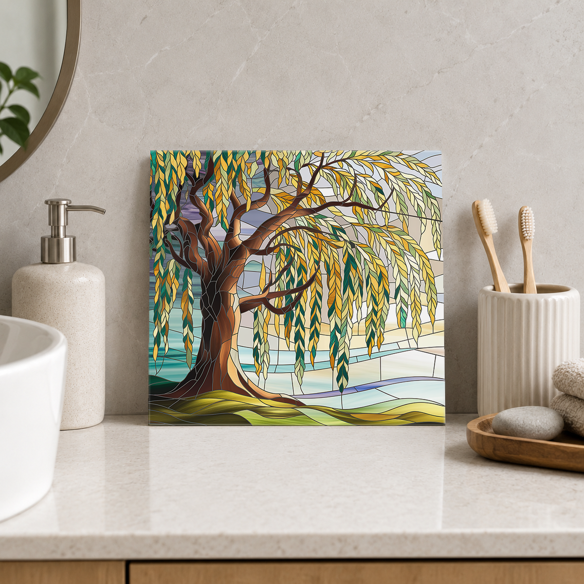 Golden Willow beside Water Tile displayed in the bathroom tile mock-up