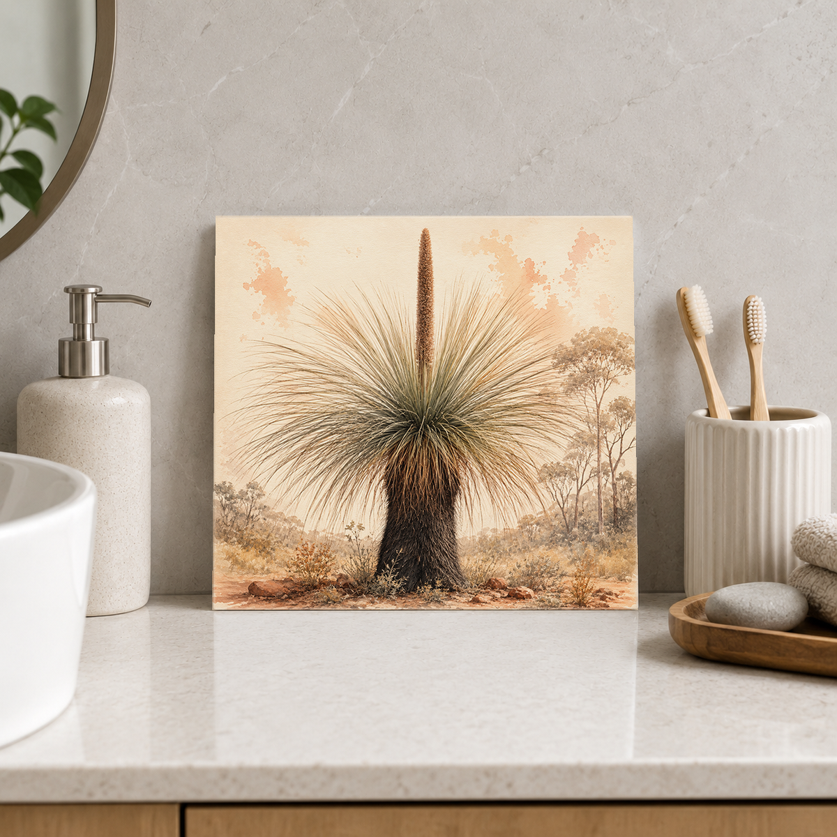 Grass Tree ceramic decorative tile in Warm Country, shown in a room mockup