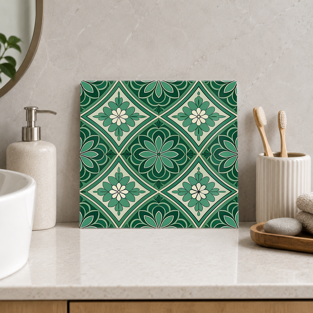 Green Daisy and Diamond Lattice Tile displayed in the bathroom tile mock-up