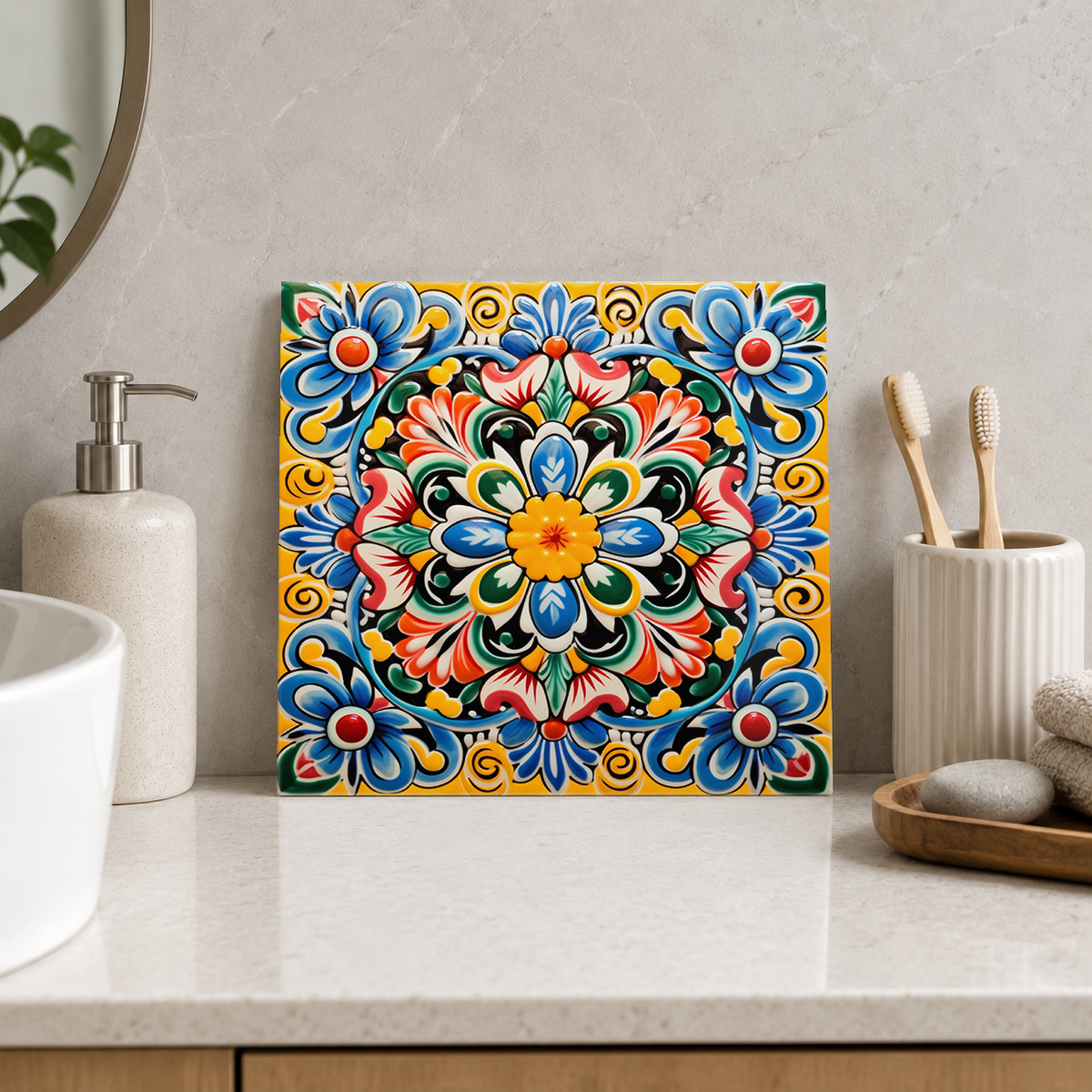 Green Floral Medallion with Coral Leaves Tile displayed in the bathroom tile mock-up
