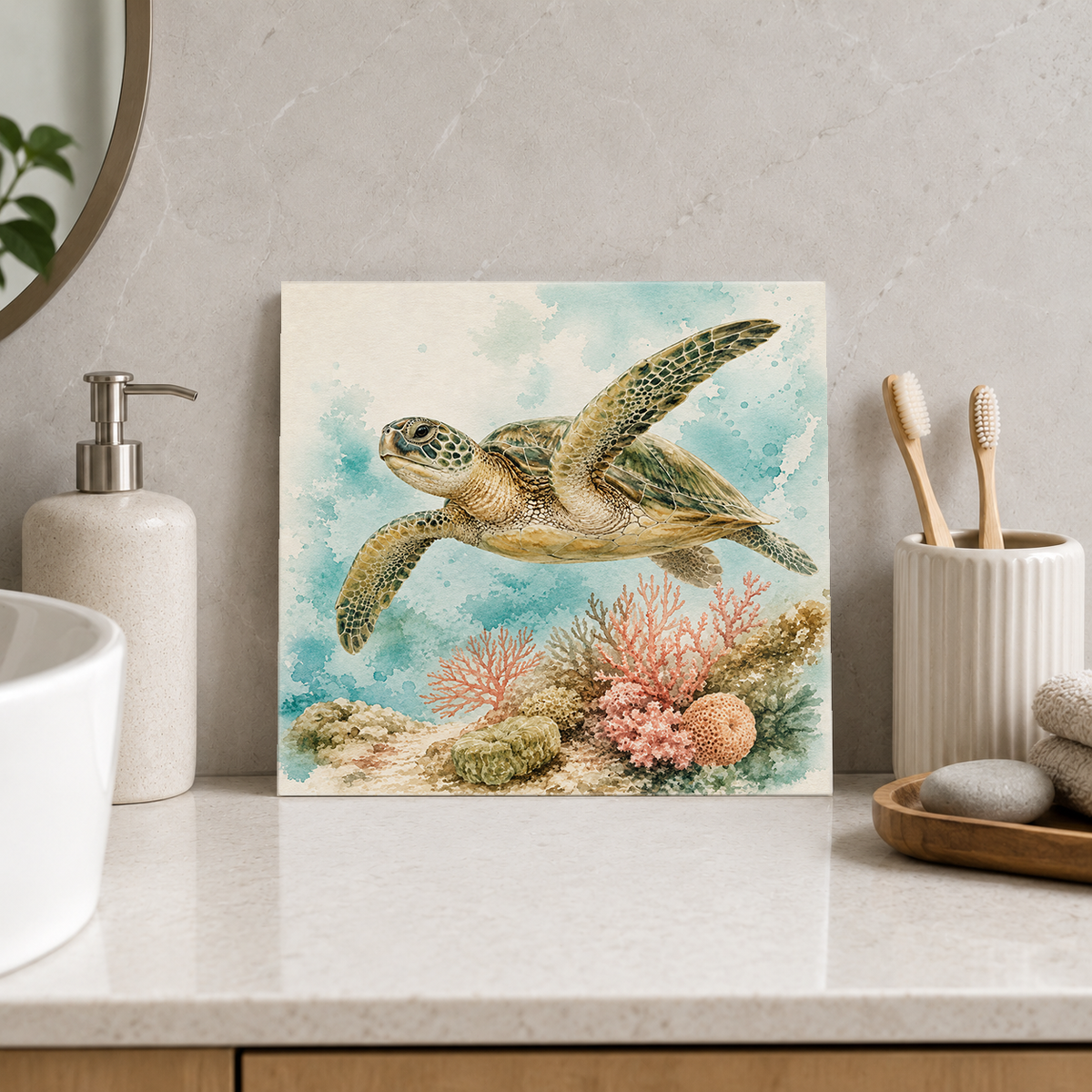 Green Sea Turtle ceramic decorative tile in Pop Color, shown in a room mockup