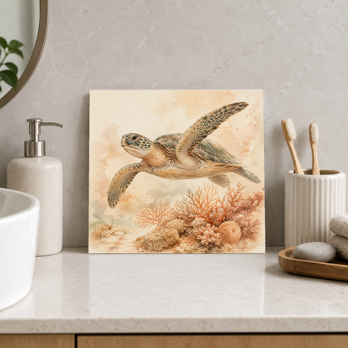 Green Sea Turtle ceramic decorative tile in Warm Country, shown in a room mockup
