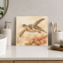 Green Sea Turtle ceramic decorative tile in Warm Country, shown in a room mockup
