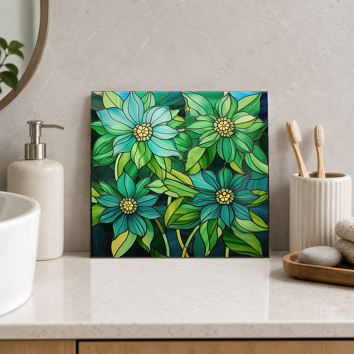 Green Starflowers and Leaves Tile displayed in the bathroom tile mock-up
